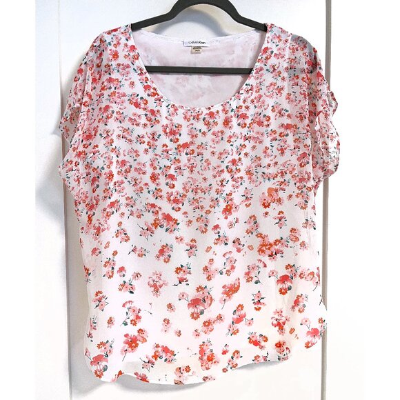 Calvin Klein Flutter Sleeve Floral Top sz L - Picture 1 of 3